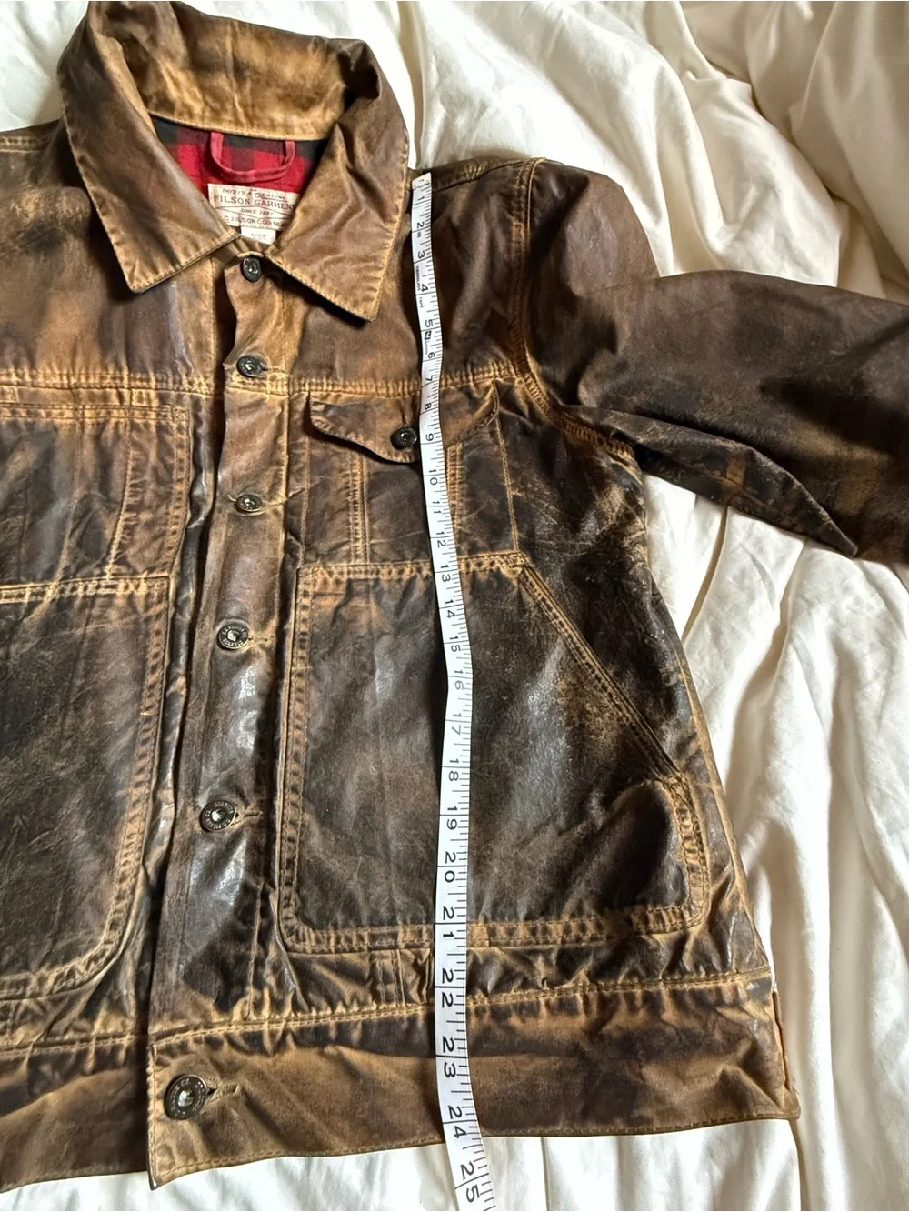 Filson USA Made Plaid Lined Tin Cloth Short Cruiser Jacket - Heavy Patina M